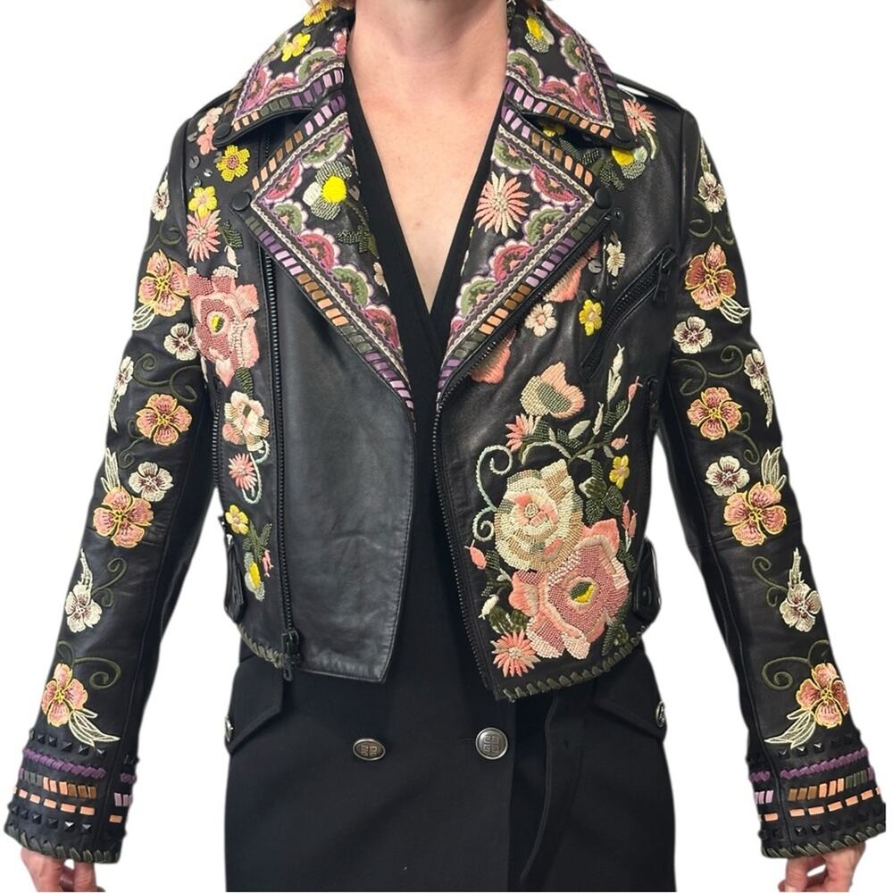 Alice + Olivia Cody Embroidered Leather Jacket size XS Black Floral Moto